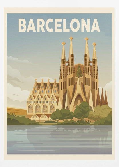A vintage-style travel poster for Barcelona. The poster features a graphic illustration of the Sagrada Família church reflected in water in the foreground, with 'BARCELONA' written in bold white letters across the top against a blue sky. Poster