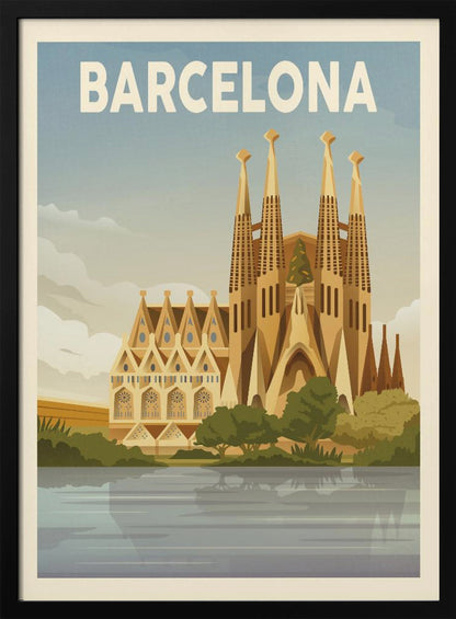 A vintage-style travel poster for Barcelona. The poster features a graphic illustration of the Sagrada Família church reflected in water in the foreground, with 'BARCELONA' written in bold white letters across the top against a blue sky. Poster