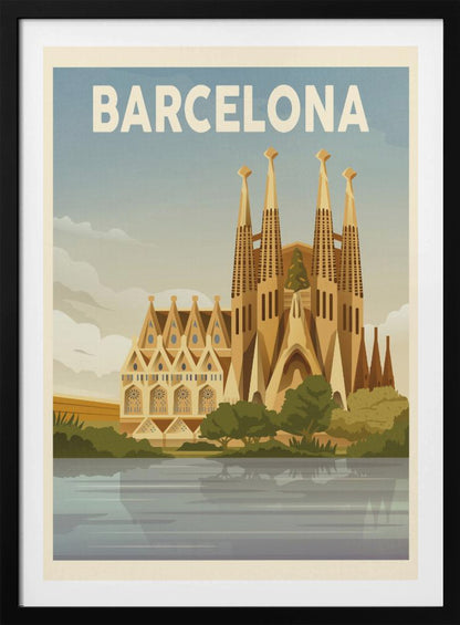 A vintage-style travel poster for Barcelona. The poster features a graphic illustration of the Sagrada Família church reflected in water in the foreground, with 'BARCELONA' written in bold white letters across the top against a blue sky. Poster