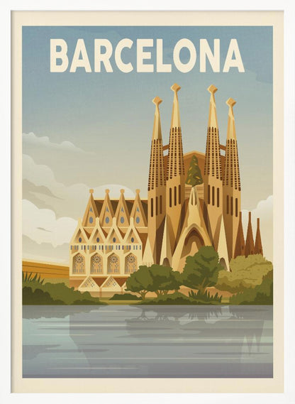 A vintage-style travel poster for Barcelona. The poster features a graphic illustration of the Sagrada Família church reflected in water in the foreground, with 'BARCELONA' written in bold white letters across the top against a blue sky. Poster