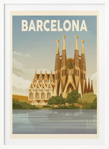 A vintage-style travel poster for Barcelona. The poster features a graphic illustration of the Sagrada Família church reflected in water in the foreground, with 'BARCELONA' written in bold white letters across the top against a blue sky. Poster