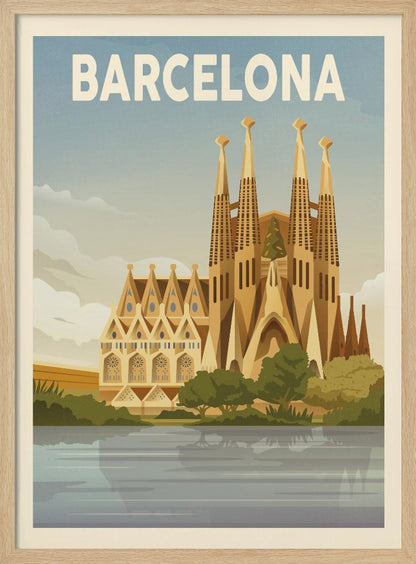 A vintage-style travel poster for Barcelona. The poster features a graphic illustration of the Sagrada Família church reflected in water in the foreground, with 'BARCELONA' written in bold white letters across the top against a blue sky. Poster