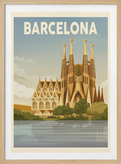 A vintage-style travel poster for Barcelona. The poster features a graphic illustration of the Sagrada Família church reflected in water in the foreground, with 'BARCELONA' written in bold white letters across the top against a blue sky. Poster