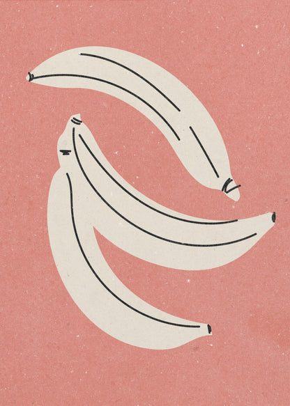 A minimalist illustration of three off-white bananas with black line details, arranged against a textured dusty rose background, all within a thin black frame. Print