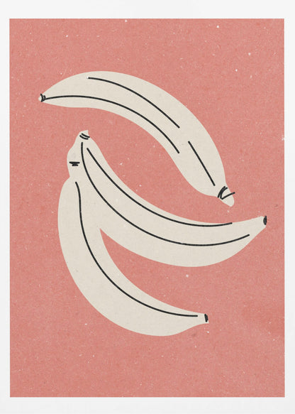 A minimalist illustration of three off-white bananas with black line details, arranged against a textured dusty rose background, all within a thin black frame. Print