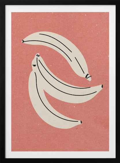 A minimalist illustration of three off-white bananas with black line details, arranged against a textured dusty rose background, all within a thin black frame. Print