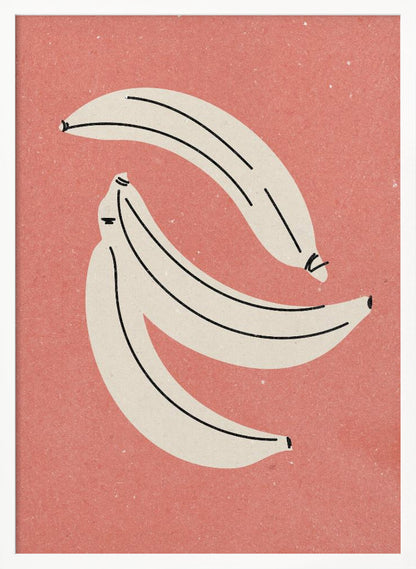 A minimalist illustration of three off-white bananas with black line details, arranged against a textured dusty rose background, all within a thin black frame. Print