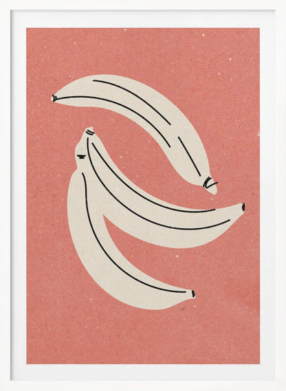 A minimalist illustration of three off-white bananas with black line details, arranged against a textured dusty rose background, all within a thin black frame. Print