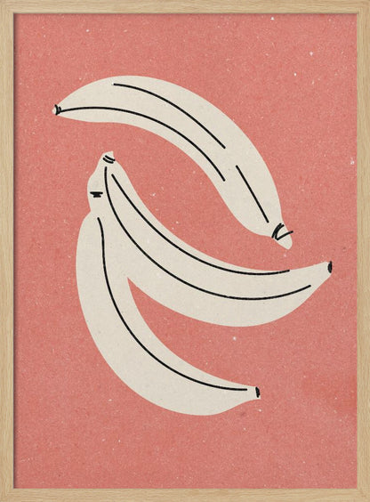 A minimalist illustration of three off-white bananas with black line details, arranged against a textured dusty rose background, all within a thin black frame. Print
