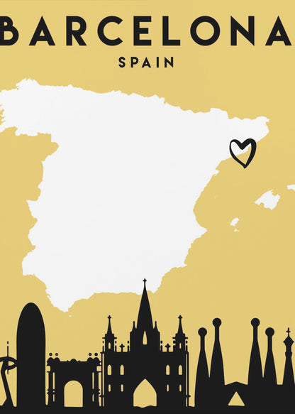 A vintage-style travel poster for Barcelona, Spain. The poster has a mustard yellow background, a white silhouette of the map of Spain with a heart marking Barcelona's location, and a black silhouette of the city's skyline at the bottom. The text 'BARCELONA' and 'SPAIN' is at the top in black font. Wall Art