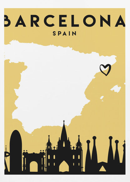 A vintage-style travel poster for Barcelona, Spain. The poster has a mustard yellow background, a white silhouette of the map of Spain with a heart marking Barcelona's location, and a black silhouette of the city's skyline at the bottom. The text 'BARCELONA' and 'SPAIN' is at the top in black font. Wall Art