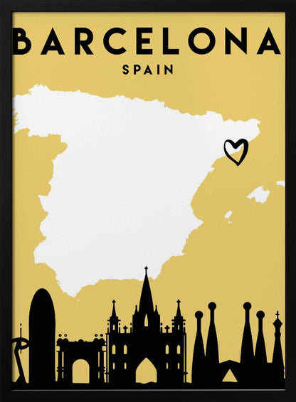 A vintage-style travel poster for Barcelona, Spain. The poster has a mustard yellow background, a white silhouette of the map of Spain with a heart marking Barcelona's location, and a black silhouette of the city's skyline at the bottom. The text 'BARCELONA' and 'SPAIN' is at the top in black font. Wall Art