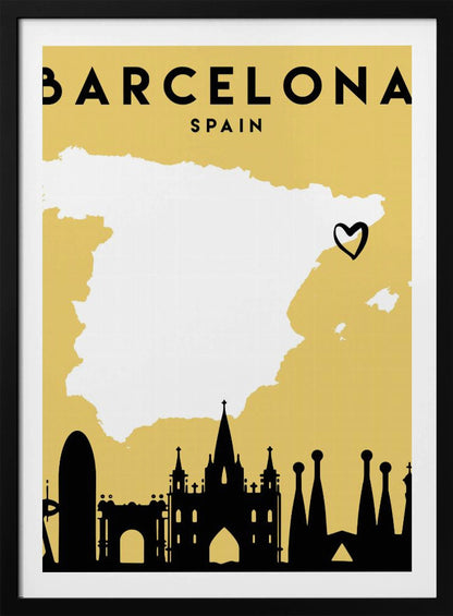 A vintage-style travel poster for Barcelona, Spain. The poster has a mustard yellow background, a white silhouette of the map of Spain with a heart marking Barcelona's location, and a black silhouette of the city's skyline at the bottom. The text 'BARCELONA' and 'SPAIN' is at the top in black font. Wall Art