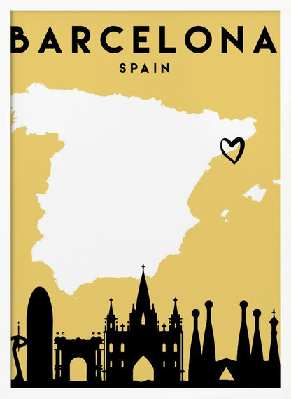 A vintage-style travel poster for Barcelona, Spain. The poster has a mustard yellow background, a white silhouette of the map of Spain with a heart marking Barcelona's location, and a black silhouette of the city's skyline at the bottom. The text 'BARCELONA' and 'SPAIN' is at the top in black font. Wall Art