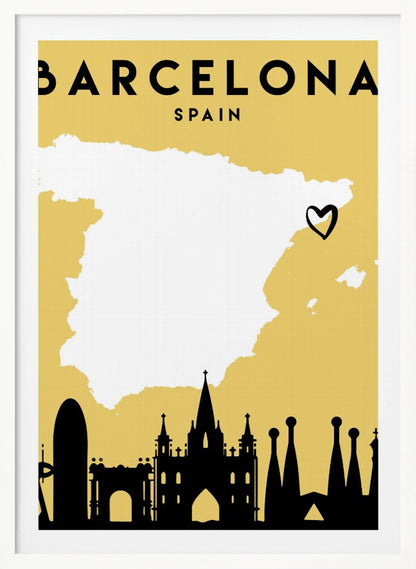 A vintage-style travel poster for Barcelona, Spain. The poster has a mustard yellow background, a white silhouette of the map of Spain with a heart marking Barcelona's location, and a black silhouette of the city's skyline at the bottom. The text 'BARCELONA' and 'SPAIN' is at the top in black font. Wall Art