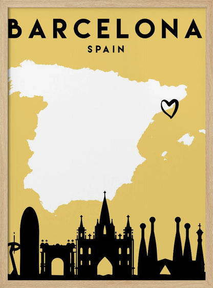 A vintage-style travel poster for Barcelona, Spain. The poster has a mustard yellow background, a white silhouette of the map of Spain with a heart marking Barcelona's location, and a black silhouette of the city's skyline at the bottom. The text 'BARCELONA' and 'SPAIN' is at the top in black font. Wall Art