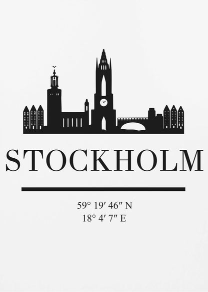 A minimalist black and white framed poster featuring a silhouette of the Stockholm skyline. Below the skyline, the word 'STOCKHOLM' is printed in large, bold letters, followed by its geographical coordinates. Wall Art