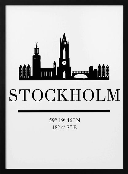 A minimalist black and white framed poster featuring a silhouette of the Stockholm skyline. Below the skyline, the word 'STOCKHOLM' is printed in large, bold letters, followed by its geographical coordinates. Wall Art