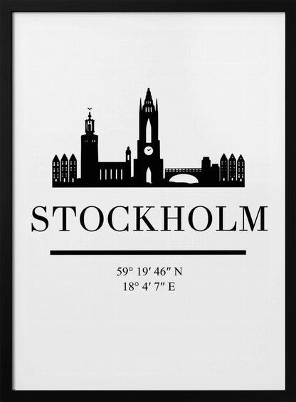 A minimalist black and white framed poster featuring a silhouette of the Stockholm skyline. Below the skyline, the word 'STOCKHOLM' is printed in large, bold letters, followed by its geographical coordinates. Wall Art