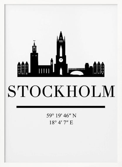 A minimalist black and white framed poster featuring a silhouette of the Stockholm skyline. Below the skyline, the word 'STOCKHOLM' is printed in large, bold letters, followed by its geographical coordinates. Wall Art