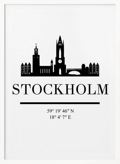 A minimalist black and white framed poster featuring a silhouette of the Stockholm skyline. Below the skyline, the word 'STOCKHOLM' is printed in large, bold letters, followed by its geographical coordinates. Wall Art