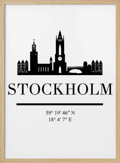 A minimalist black and white framed poster featuring a silhouette of the Stockholm skyline. Below the skyline, the word 'STOCKHOLM' is printed in large, bold letters, followed by its geographical coordinates. Wall Art