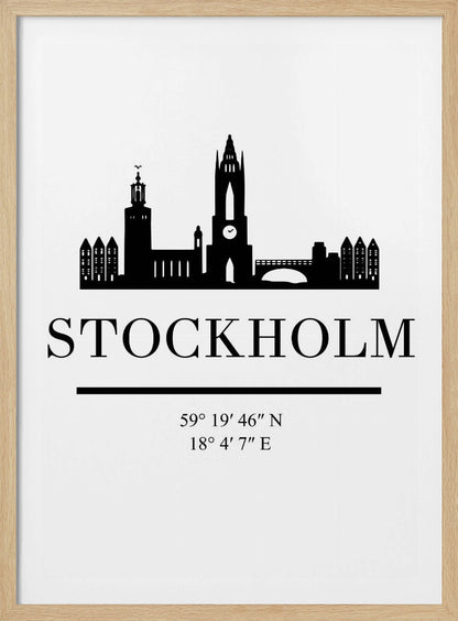 A minimalist black and white framed poster featuring a silhouette of the Stockholm skyline. Below the skyline, the word 'STOCKHOLM' is printed in large, bold letters, followed by its geographical coordinates. Wall Art