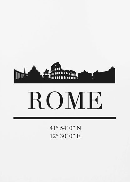A minimalist black and white framed poster of Rome. It features a black silhouette of the city skyline, including the Colosseum, against a white background. Below the skyline is the word 'ROME' in a large serif font, followed by the city's geographical coordinates. Poster