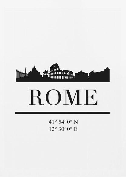 A minimalist black and white framed poster of Rome. It features a black silhouette of the city skyline, including the Colosseum, against a white background. Below the skyline is the word 'ROME' in a large serif font, followed by the city's geographical coordinates. Poster
