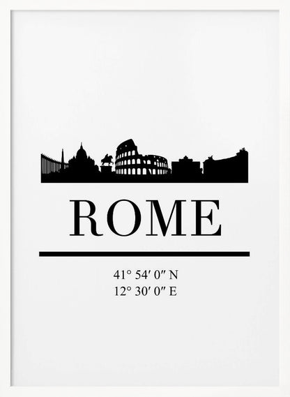 A minimalist black and white framed poster of Rome. It features a black silhouette of the city skyline, including the Colosseum, against a white background. Below the skyline is the word 'ROME' in a large serif font, followed by the city's geographical coordinates. Poster