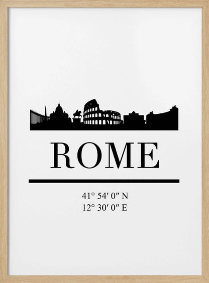 A minimalist black and white framed poster of Rome. It features a black silhouette of the city skyline, including the Colosseum, against a white background. Below the skyline is the word 'ROME' in a large serif font, followed by the city's geographical coordinates. Poster