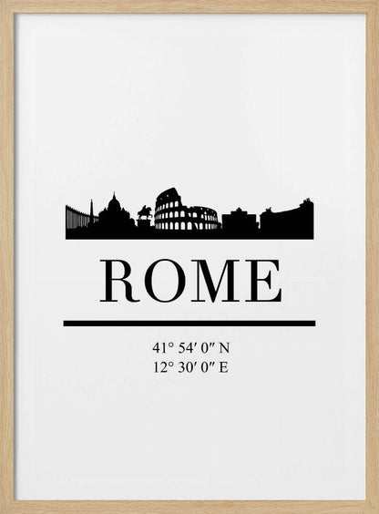 A minimalist black and white framed poster of Rome. It features a black silhouette of the city skyline, including the Colosseum, against a white background. Below the skyline is the word 'ROME' in a large serif font, followed by the city's geographical coordinates. Poster
