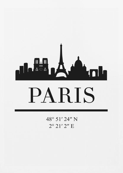A minimalist black and white poster in a black frame. It features a black silhouette of the Paris skyline, including the Eiffel Tower and Notre Dame. Below the city is the word 'PARIS' in a large serif font, followed by its geographical coordinates. Poster