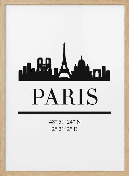 A minimalist black and white poster in a black frame. It features a black silhouette of the Paris skyline, including the Eiffel Tower and Notre Dame. Below the city is the word 'PARIS' in a large serif font, followed by its geographical coordinates. Poster