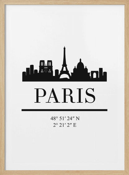 A minimalist black and white poster in a black frame. It features a black silhouette of the Paris skyline, including the Eiffel Tower and Notre Dame. Below the city is the word 'PARIS' in a large serif font, followed by its geographical coordinates. Poster
