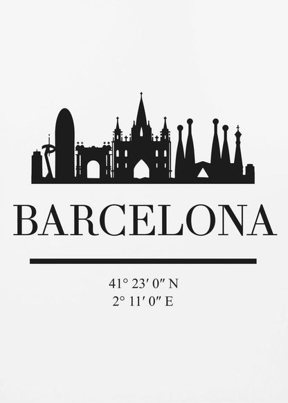 A minimalist black and white poster of Barcelona, Spain. It features a black silhouette of the city's skyline, including the Sagrada Familia, above the word 'BARCELONA' in a large serif font. Below the city name are its geographical coordinates, all set against a clean white background and framed in black. Print