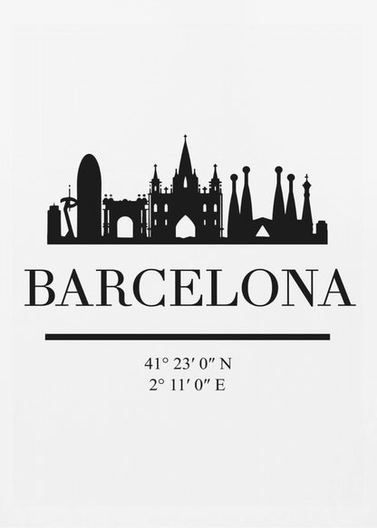 A minimalist black and white poster of Barcelona, Spain. It features a black silhouette of the city's skyline, including the Sagrada Familia, above the word 'BARCELONA' in a large serif font. Below the city name are its geographical coordinates, all set against a clean white background and framed in black. Print