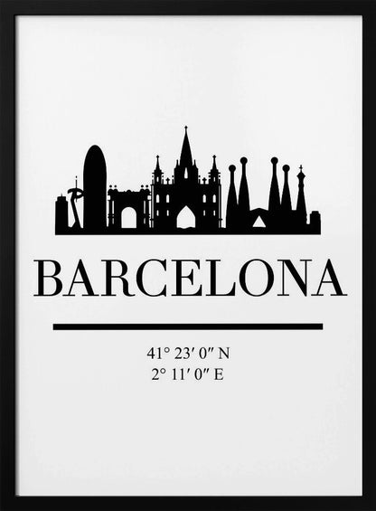 A minimalist black and white poster of Barcelona, Spain. It features a black silhouette of the city's skyline, including the Sagrada Familia, above the word 'BARCELONA' in a large serif font. Below the city name are its geographical coordinates, all set against a clean white background and framed in black. Print
