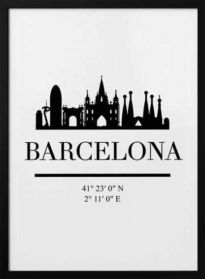 A minimalist black and white poster of Barcelona, Spain. It features a black silhouette of the city's skyline, including the Sagrada Familia, above the word 'BARCELONA' in a large serif font. Below the city name are its geographical coordinates, all set against a clean white background and framed in black. Print