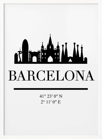 A minimalist black and white poster of Barcelona, Spain. It features a black silhouette of the city's skyline, including the Sagrada Familia, above the word 'BARCELONA' in a large serif font. Below the city name are its geographical coordinates, all set against a clean white background and framed in black. Print