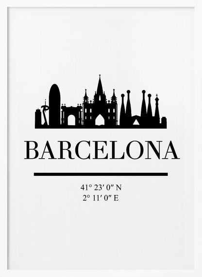 A minimalist black and white poster of Barcelona, Spain. It features a black silhouette of the city's skyline, including the Sagrada Familia, above the word 'BARCELONA' in a large serif font. Below the city name are its geographical coordinates, all set against a clean white background and framed in black. Print