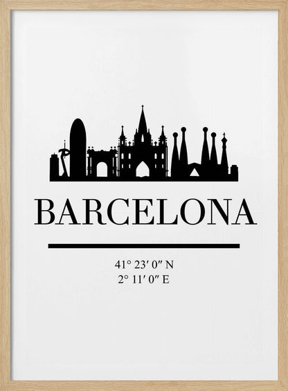 A minimalist black and white poster of Barcelona, Spain. It features a black silhouette of the city's skyline, including the Sagrada Familia, above the word 'BARCELONA' in a large serif font. Below the city name are its geographical coordinates, all set against a clean white background and framed in black. Print