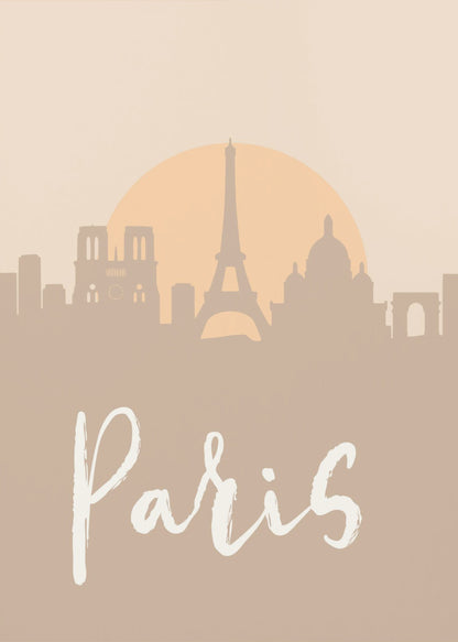 A minimalist art print of the Paris skyline in muted tan and beige tones. Silhouettes of the Eiffel Tower and other landmarks stand before a large, pale orange sun. The word 'Paris' is written in a white, flowing script in the foreground. Artwork
