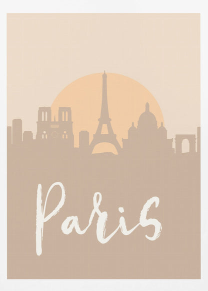 A minimalist art print of the Paris skyline in muted tan and beige tones. Silhouettes of the Eiffel Tower and other landmarks stand before a large, pale orange sun. The word 'Paris' is written in a white, flowing script in the foreground. Artwork