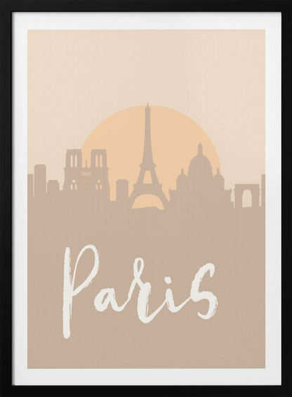 A minimalist art print of the Paris skyline in muted tan and beige tones. Silhouettes of the Eiffel Tower and other landmarks stand before a large, pale orange sun. The word 'Paris' is written in a white, flowing script in the foreground. Artwork