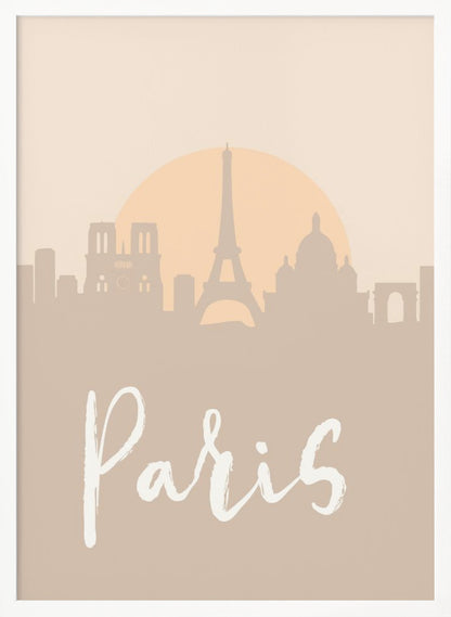 A minimalist art print of the Paris skyline in muted tan and beige tones. Silhouettes of the Eiffel Tower and other landmarks stand before a large, pale orange sun. The word 'Paris' is written in a white, flowing script in the foreground. Artwork