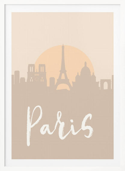 A minimalist art print of the Paris skyline in muted tan and beige tones. Silhouettes of the Eiffel Tower and other landmarks stand before a large, pale orange sun. The word 'Paris' is written in a white, flowing script in the foreground. Artwork