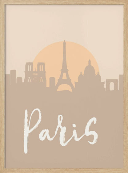 A minimalist art print of the Paris skyline in muted tan and beige tones. Silhouettes of the Eiffel Tower and other landmarks stand before a large, pale orange sun. The word 'Paris' is written in a white, flowing script in the foreground. Artwork
