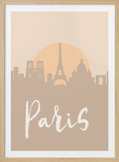 A minimalist art print of the Paris skyline in muted tan and beige tones. Silhouettes of the Eiffel Tower and other landmarks stand before a large, pale orange sun. The word 'Paris' is written in a white, flowing script in the foreground. Artwork