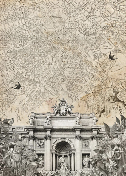 A vintage-style collage with a sepia map of Rome as the background. At the bottom is a detailed black and white illustration of the Trevi Fountain, surrounded by cutouts of foliage and historical figures. Two black birds are shown flying over the map. Decor